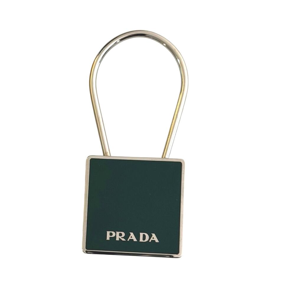 Prada enamel metal square key chain bag charm silver green